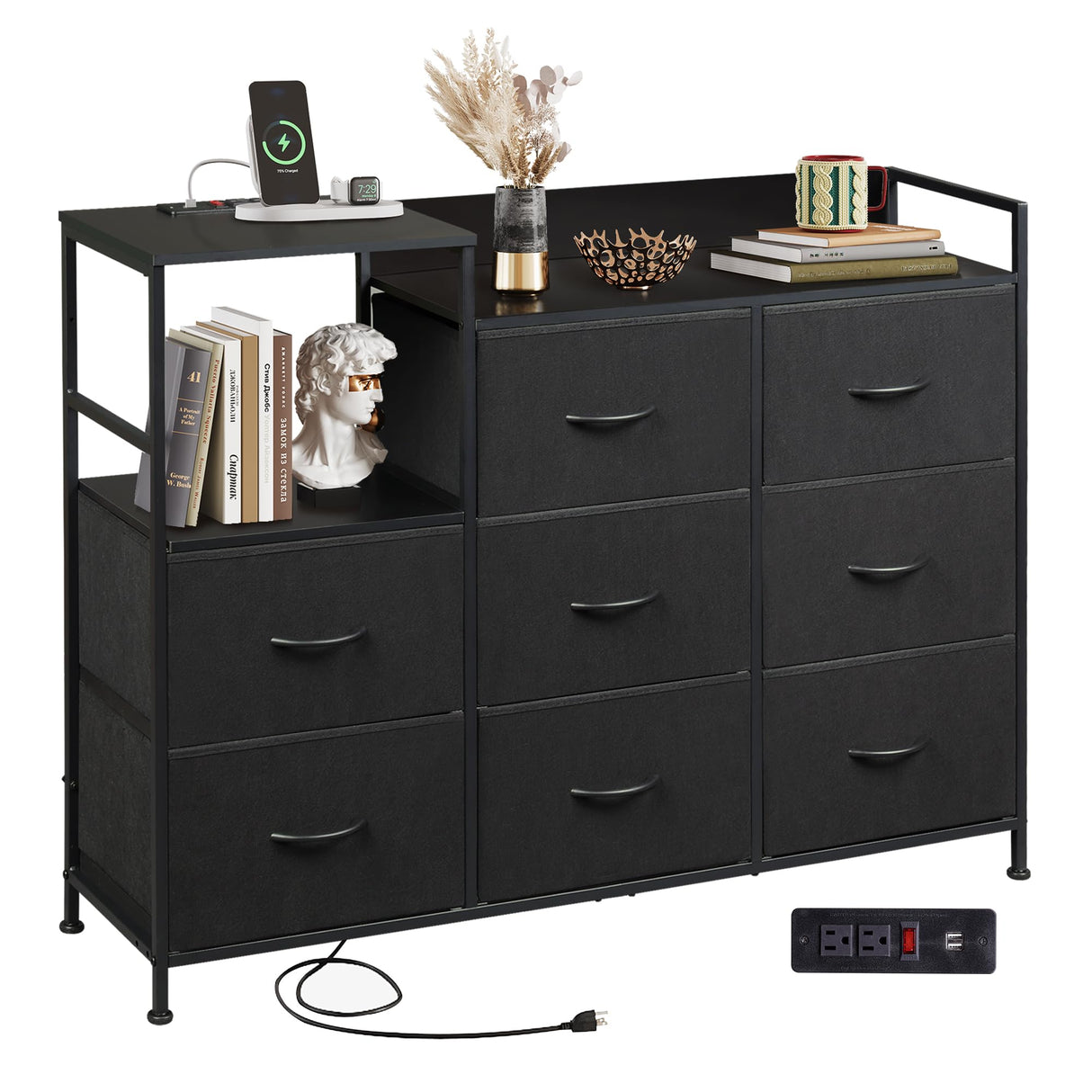 Black Dresser TV Stand for Bedroom with Charging Station, Wide Storage Chest of Drawers