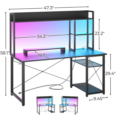 Gaming Desk with Hutch, 47'' Computer Desk with LED Lights & Power Outlets,