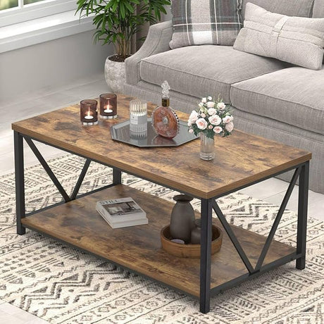 coffee Table, Rustic Wood and Metal Center Table for Living Room, 39.3 Inch Grey