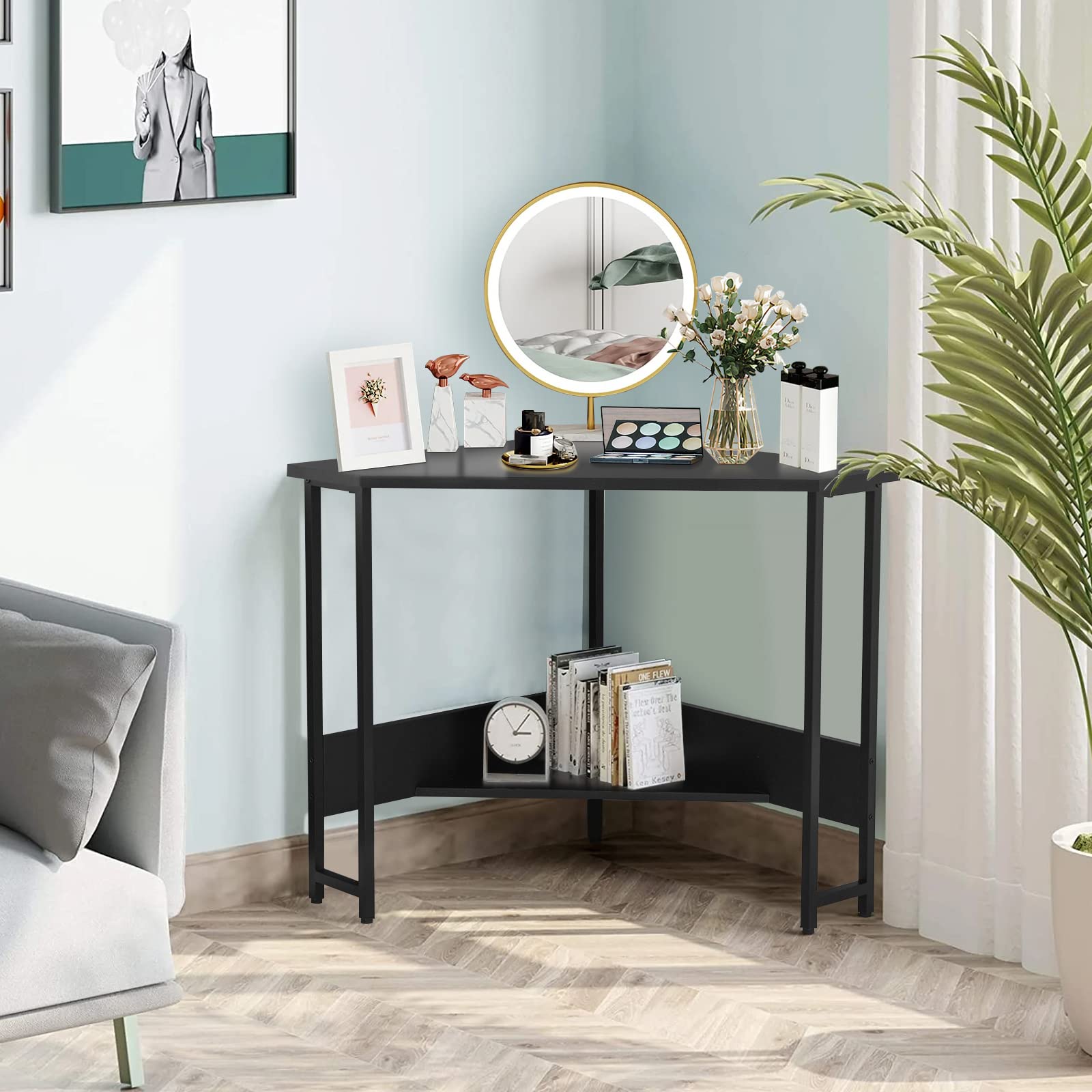Corner Desk with Power Outlet, Triangle Computer Desk for Small Space