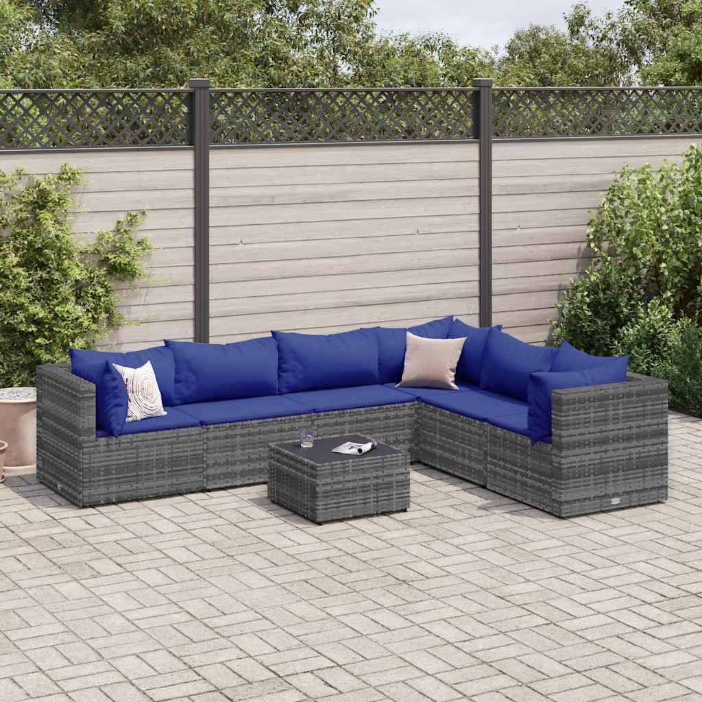 7 Piece Patio Lounge Set - Gray PE Rattan - Cushions Included
