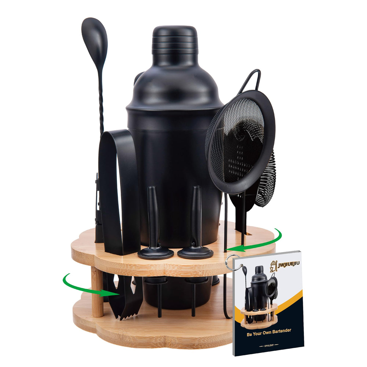 Cocktail Shaker Set Bartender Kit with Rotating Bamboo Stand