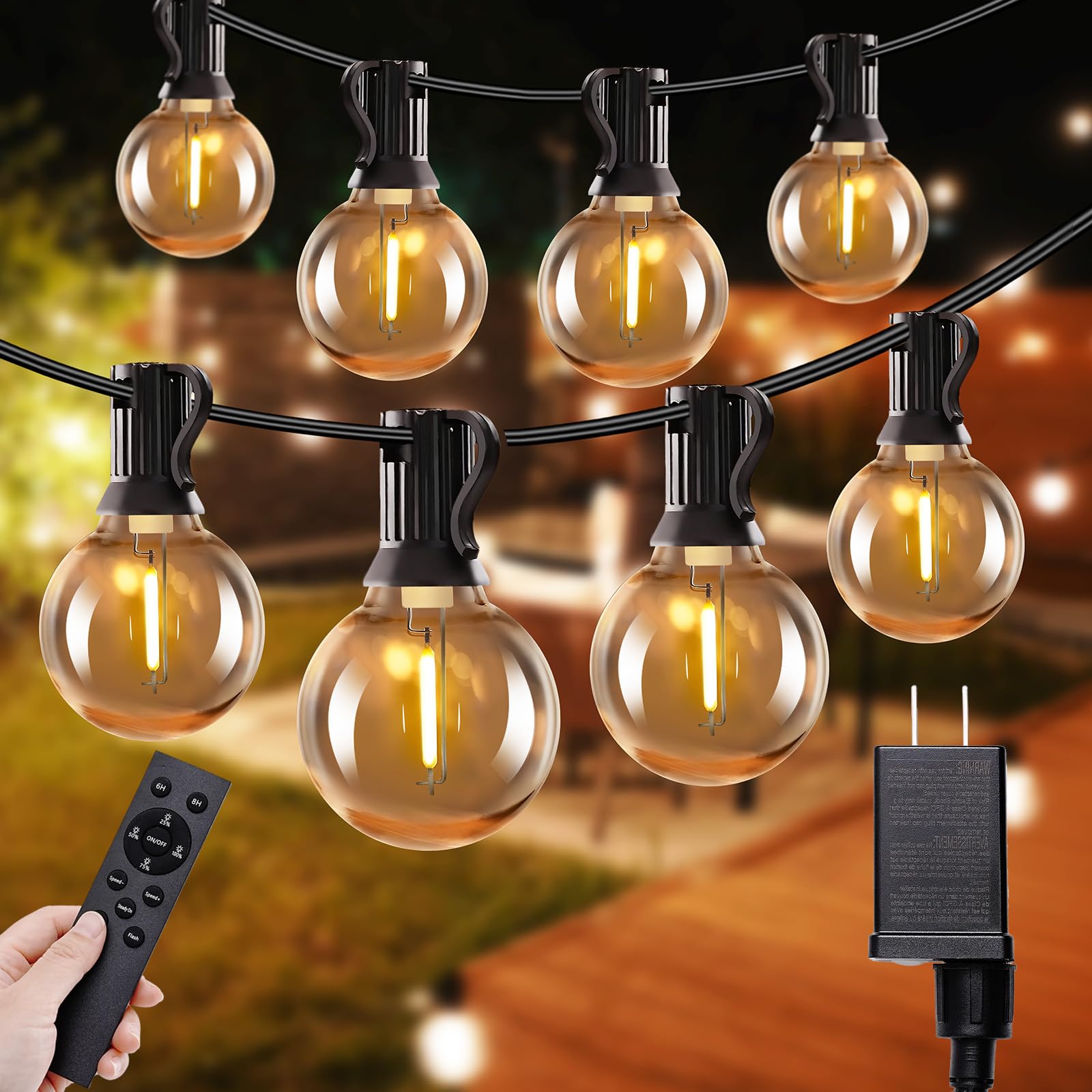 50ft LED String Lights with Remote, 25+1Bulbs Dimmable Patio Lights Outdoor, 24V