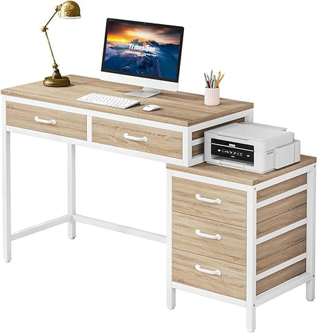 Computer Desk with 5 Drawers, Home Office Desks with Reversible Drawer Cabinet Printer