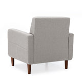 Mid-Century Modern Armchair with Armrest Pockets, Tufted Linen Fabric, Light Grey