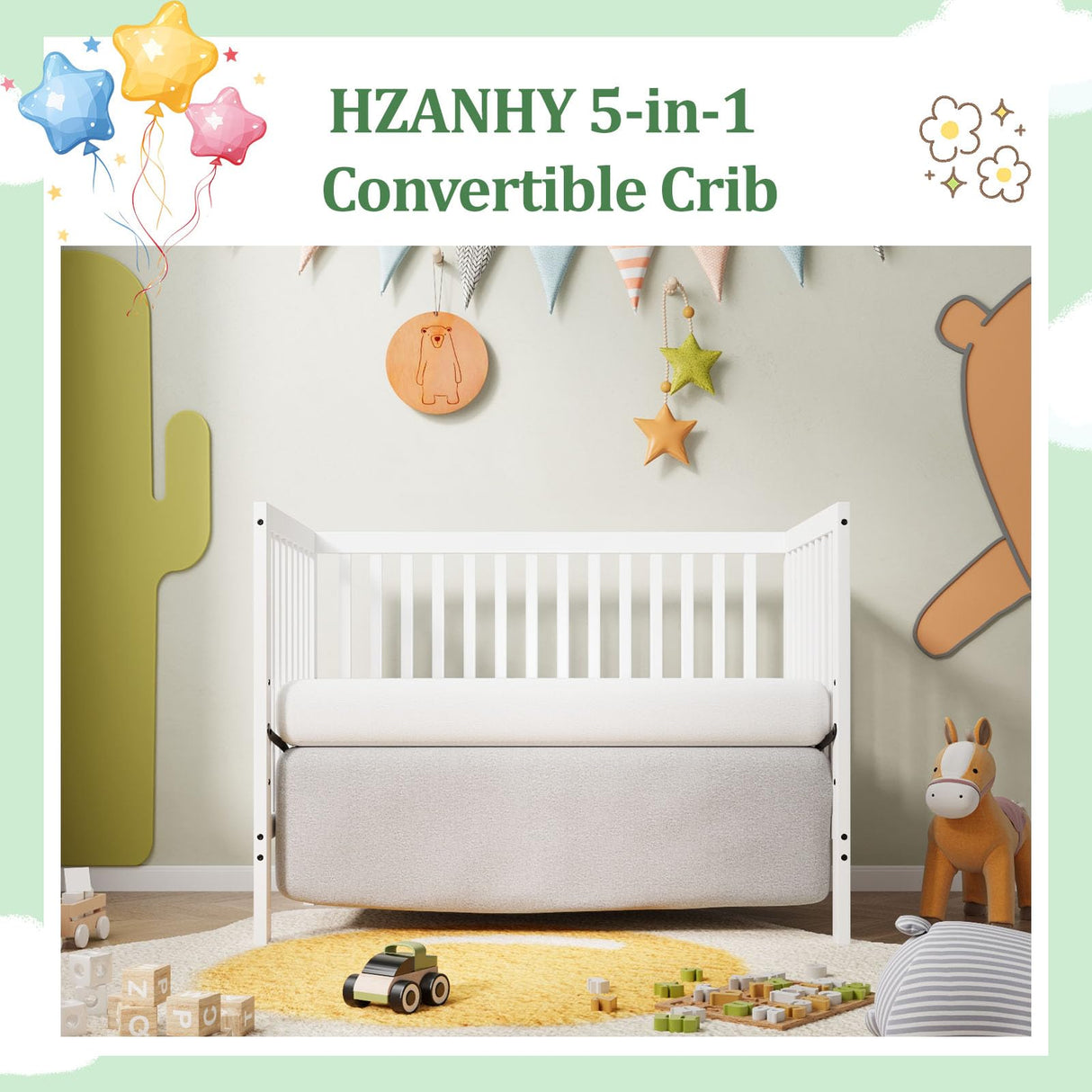 Baby Crib,5-in-1 Convertible Crib,Converts from Baby Crib to Toddler Bed, Daybed