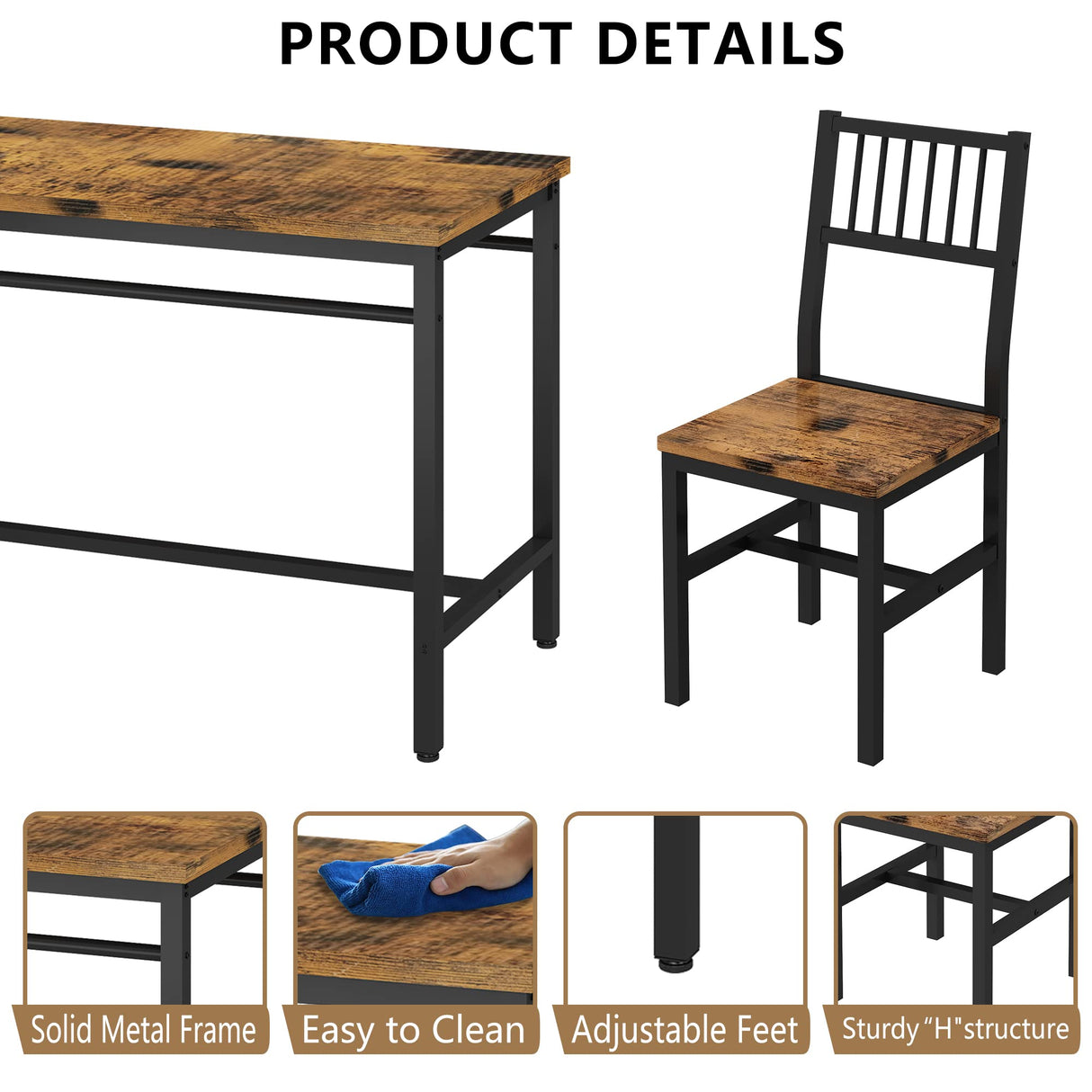 47.2 Inch Dining Table Set for 4,Industrial Table with 4 Curved Chairs Set