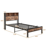 Twin Bed Frame with Bookcase Headboard/USB Charging Station,Metal Platform Bed,