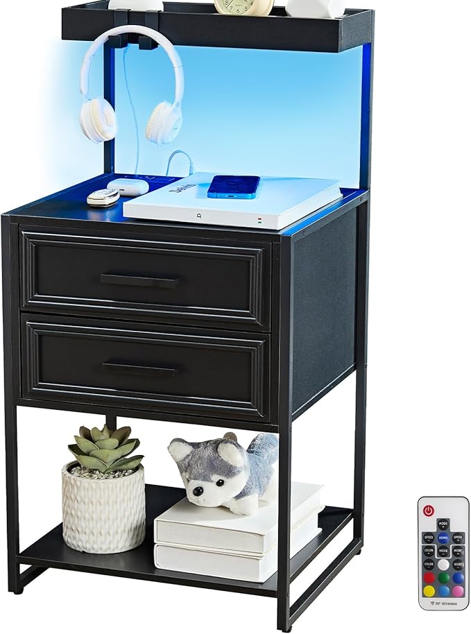 Tall Nightstand with Charging Station, White Night Stand with Drawers, End Tables Bedroom