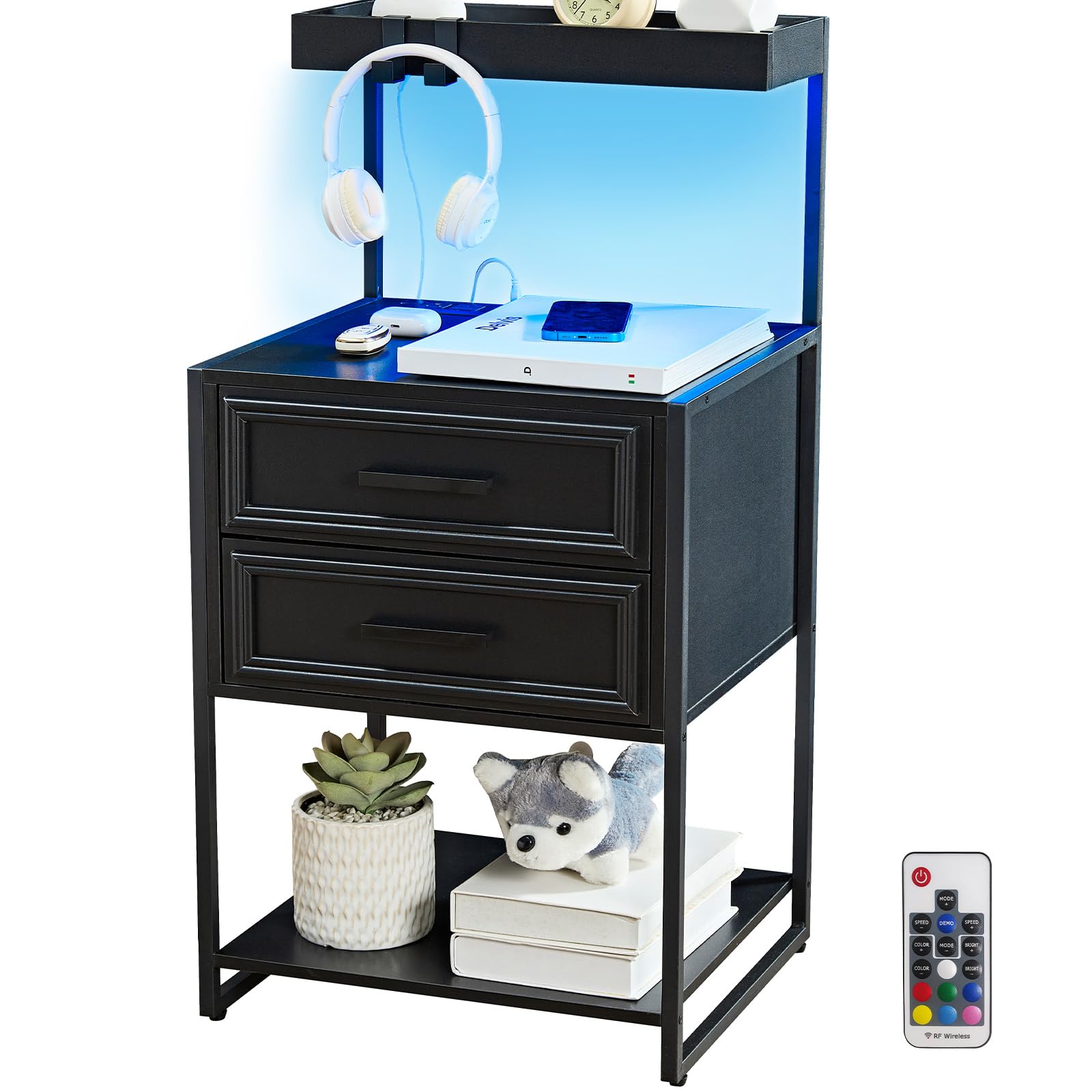 Nightstand with Charging Station, Black Night Stand with Drawers, End Tables Bedroom