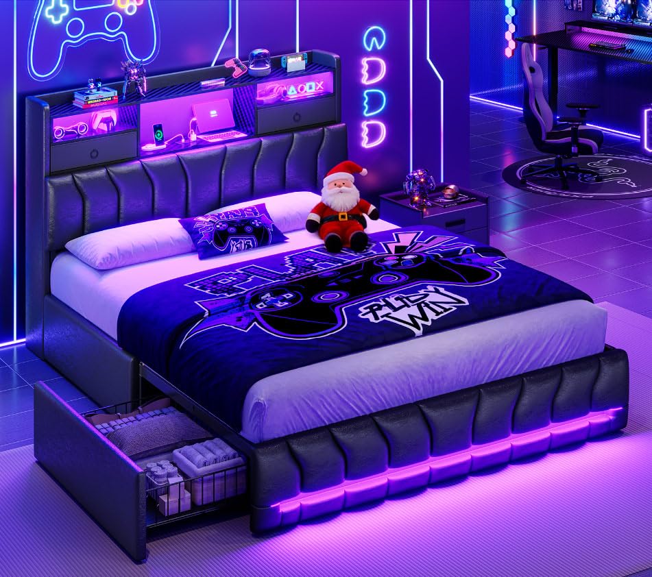 Queen Gaming Bed with RGB Lights & Storage