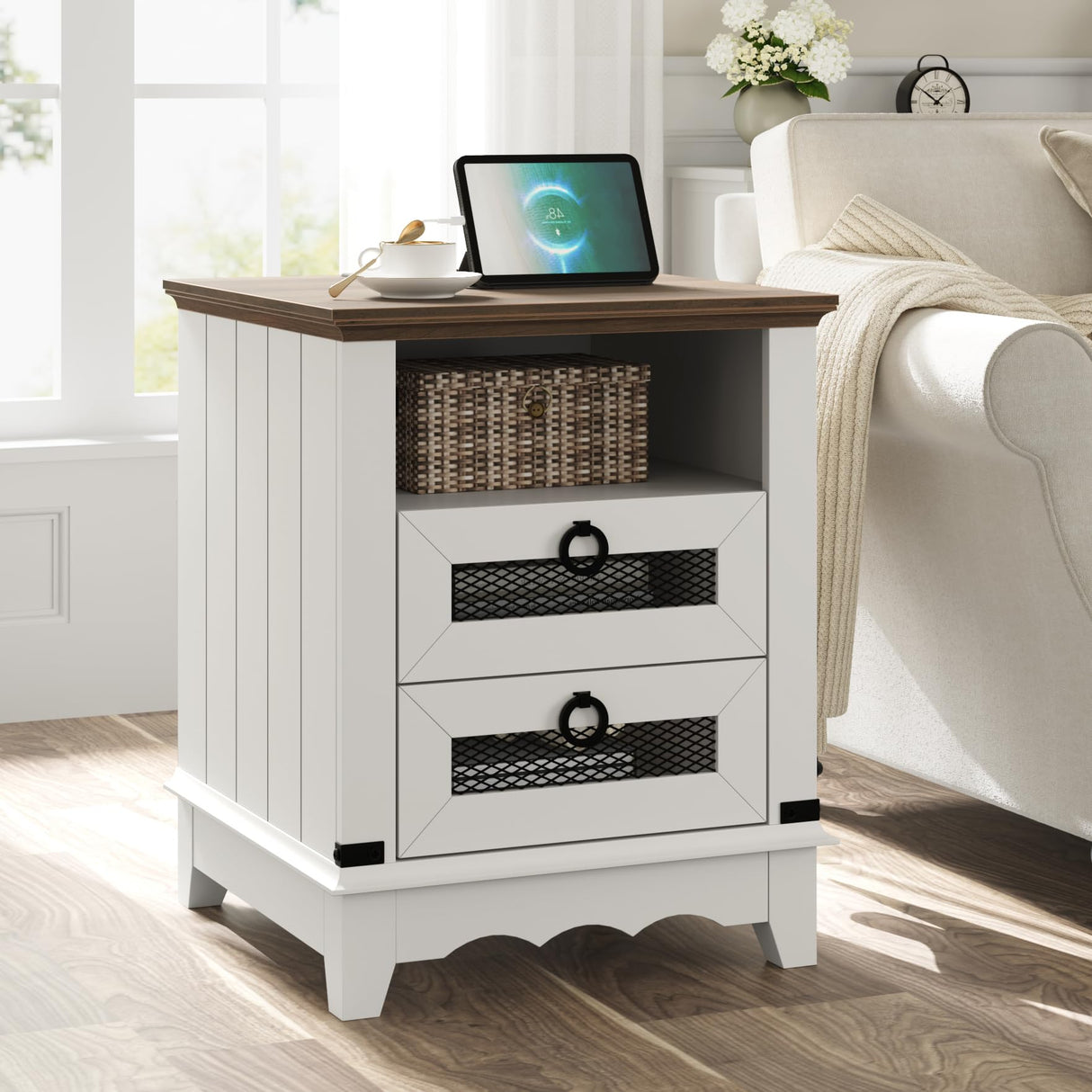 Farmhouse Nightstand 18" inch Side Table with Charging Station Bedside Table