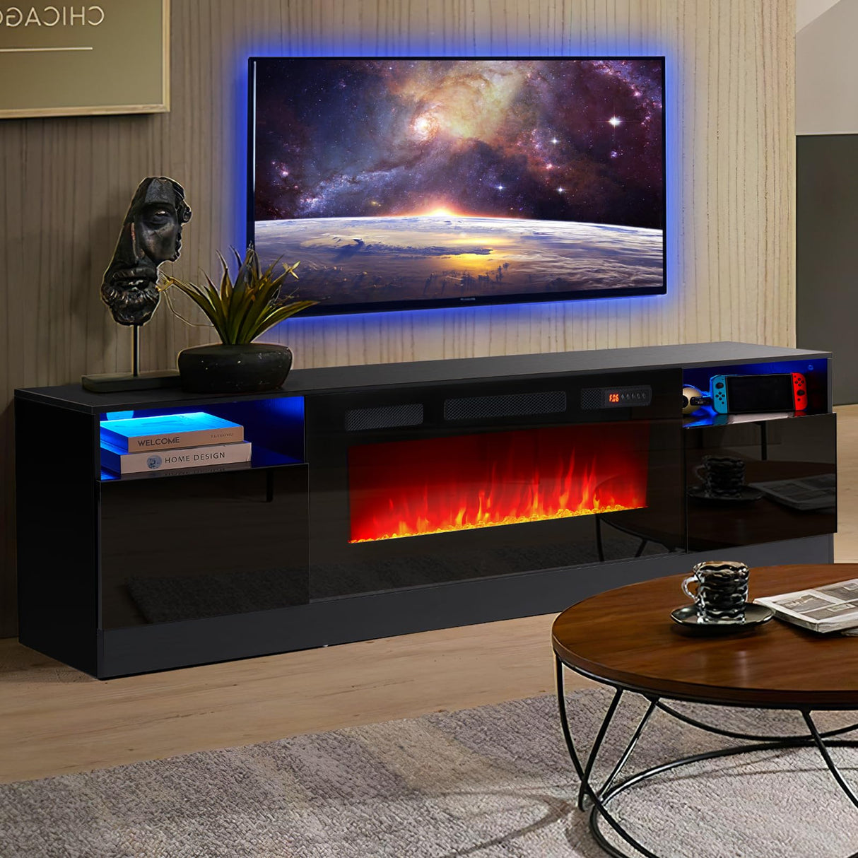 Fireplace TV Stand with 36" Electric Fireplace, LED Light Entertainment Center, Modern