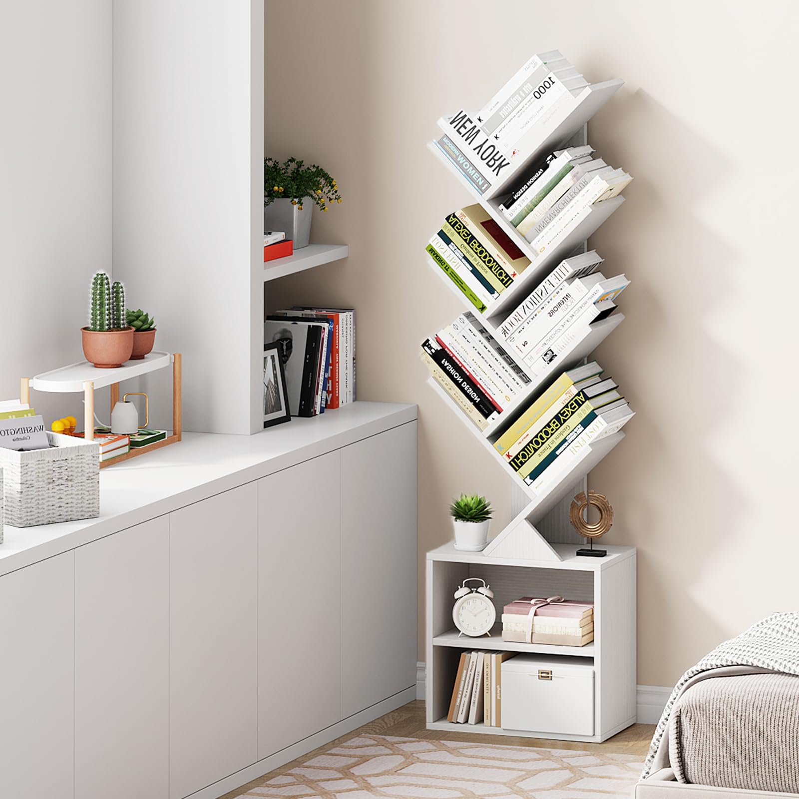 6 Tier Tree Bookshelf, Modern Floor Standing Bookcase with Storage Drawer, Space Saving Storage Organizer Book Shelves for Books, Tall Wood Storage Rack for Bedroom/Living Room/Home Office
