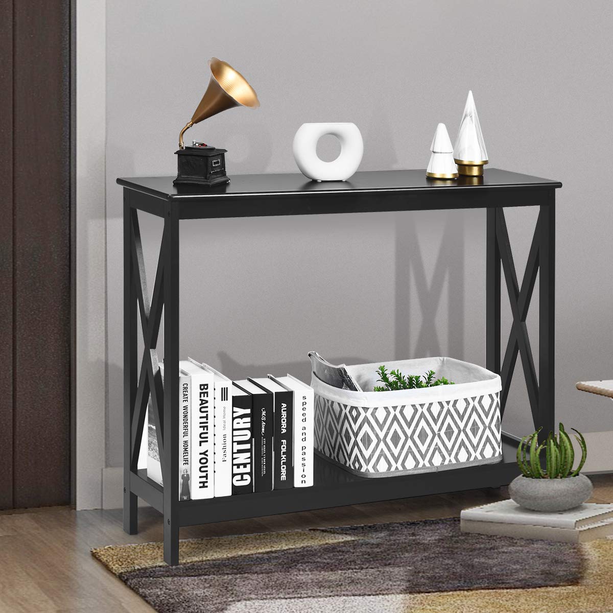 Console Table 2-Tier with Storage Shelf,X-Design Bookshelf Narrow Accent Table