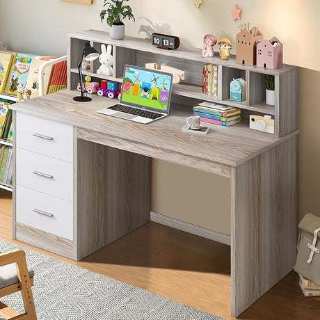 Drawers, Wooden Study Desk for Kids with Hutch, Drawing Writing and Learning Desk