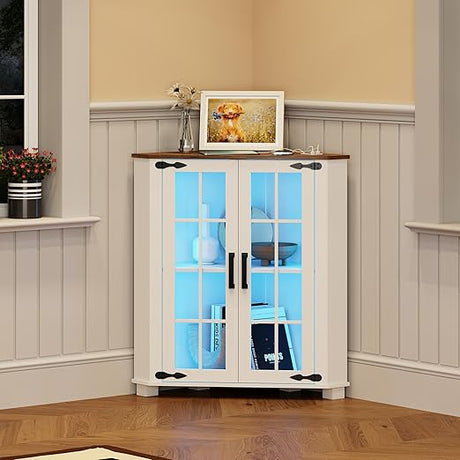 Farmhouse Corner Cabinet with LED Light, 67" Tall Bathroom Cabinet with 2 Doors and 3