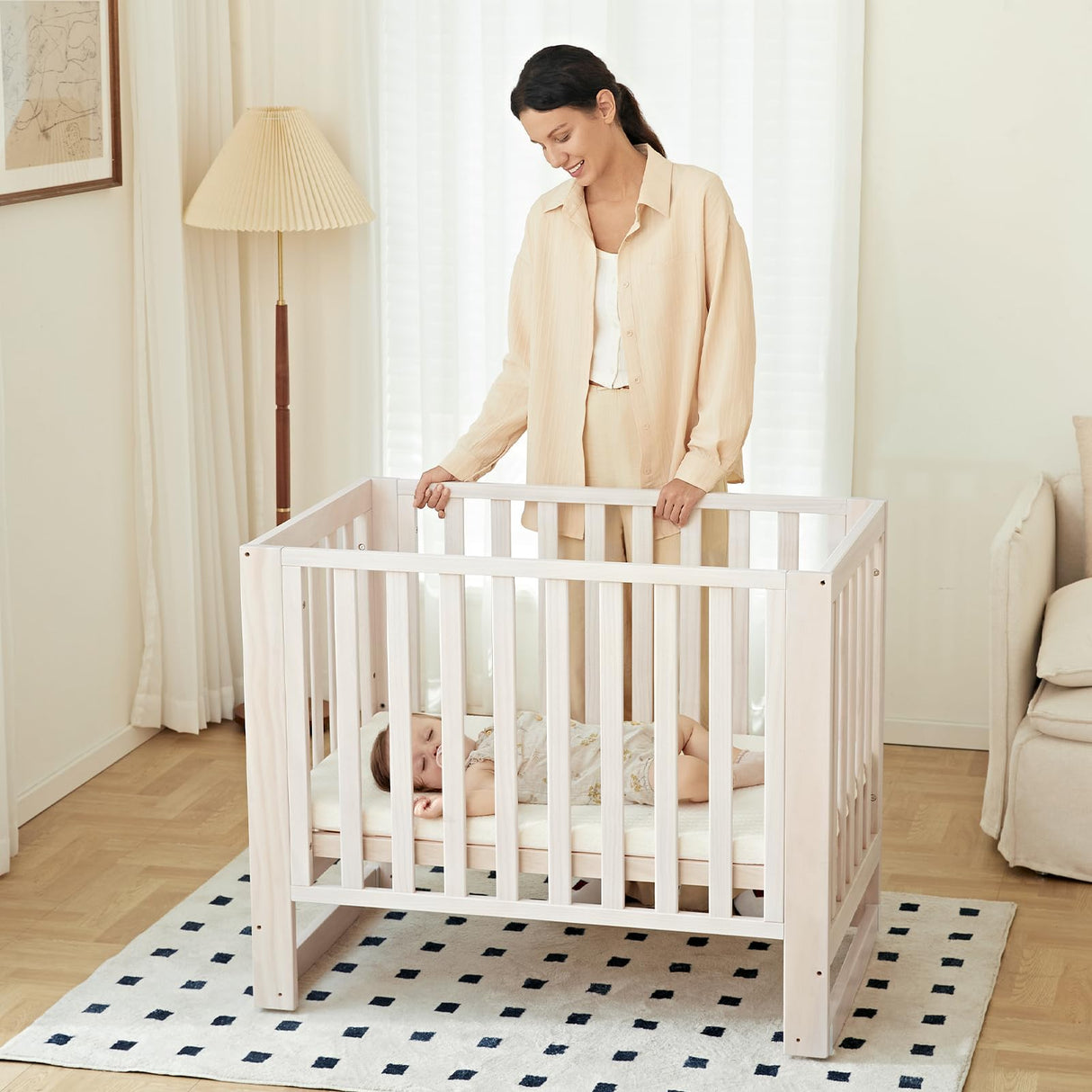 MAMAZING EvoNest Baby Crib, 6 in 1 Convertible Mini Crib with Wheels, 100% New Zealand Pinewood Growing Bed, 4 Adjustable Mattress Heights,Walnut Brown (Washed Natural)