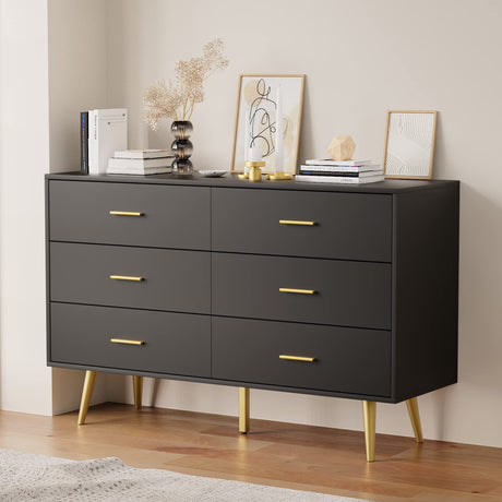 Black 6 Drawer Dresser for Bedroom, Wooden Black Double Dresser with Gold Handles