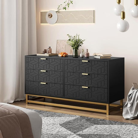 White 6 Drawer Dresser for Bedroom, Chest of Drawers with Metal Base, Modern Dresser