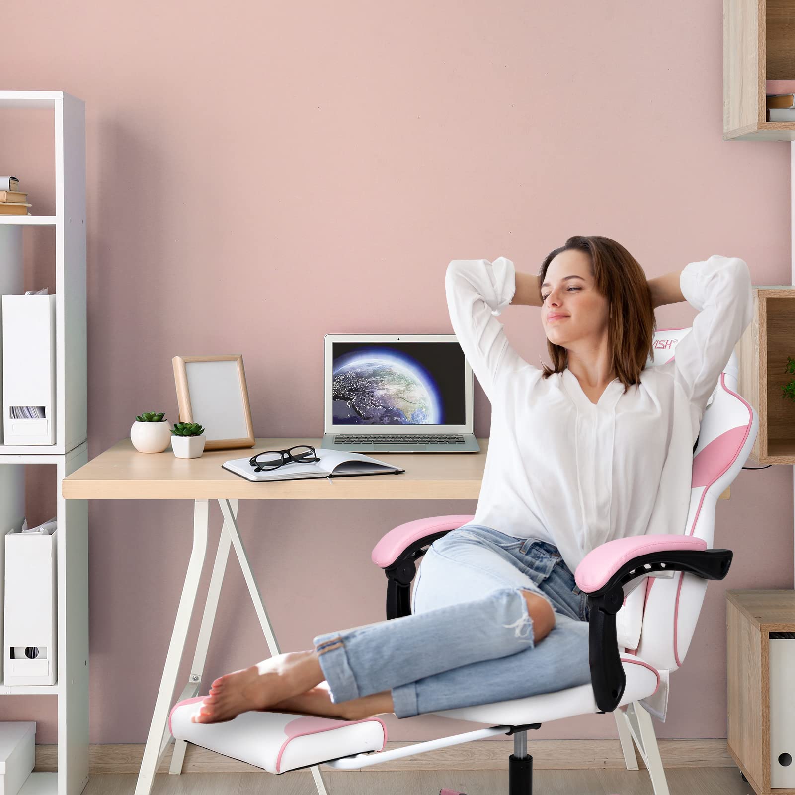 Pink Kawaii Gaming Chair with Lumbar Support