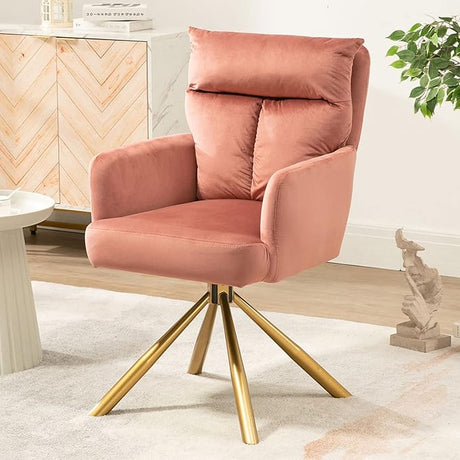 Teddy Office Desk Chair No Wheels, Modern Vanity Chair with Gold Legs, Wide Seat