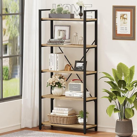 5 Tier Bookshelf, Metal and Wood Bookcase, Etagere Book Shelf for Display