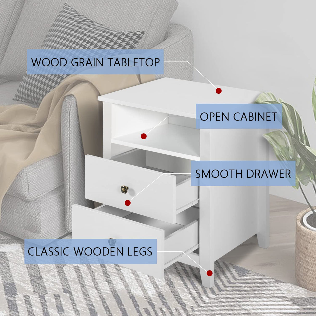 Modern Nightstands - Set of 2 White Night Stand for Bedroom, Bedside Table