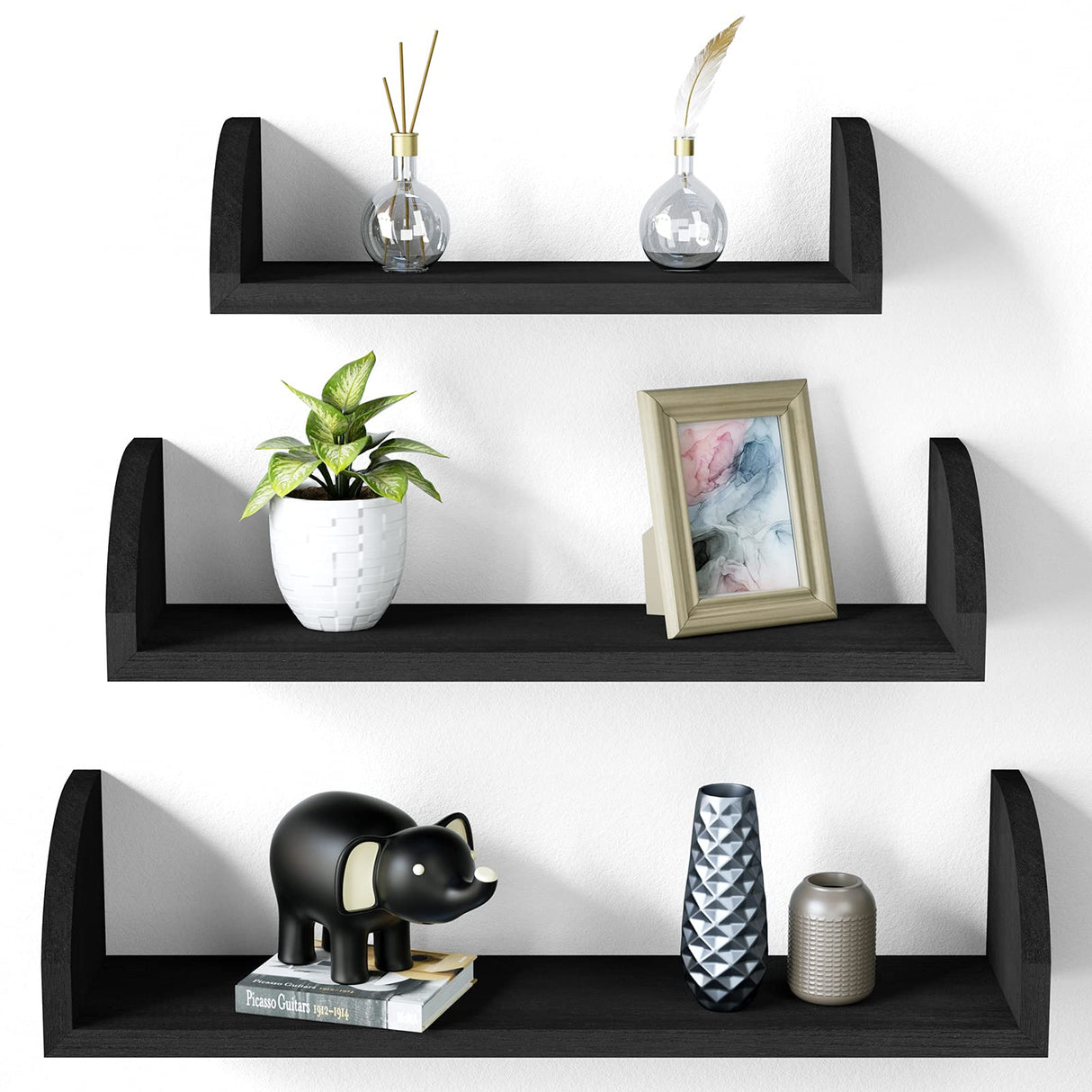 Floating Shelves Wall Mounted, Solid Wood Shelves Wall Bookshelves Set of 3 for Bedroom, Living Room, Bathroom, Kitchen - Black