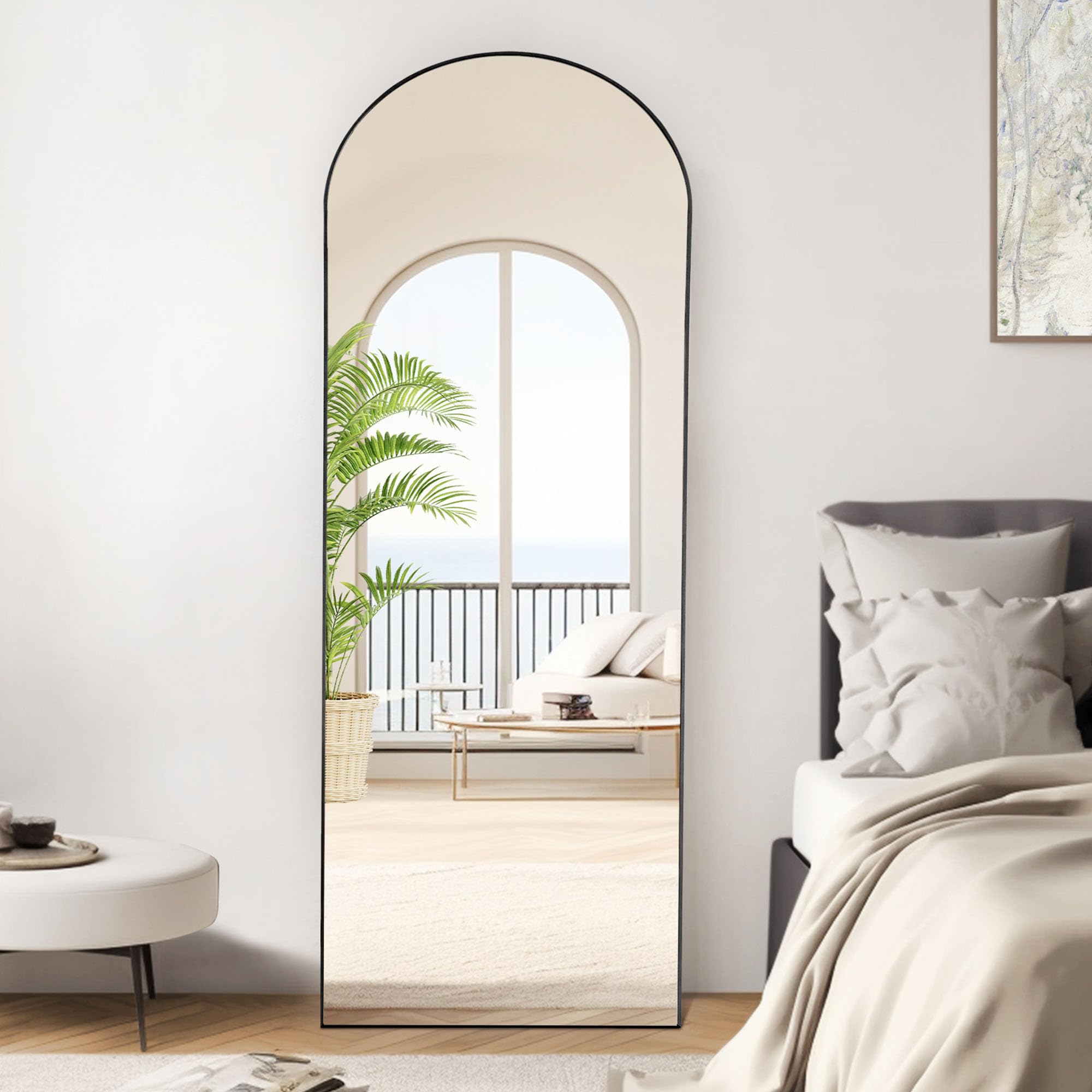 Arched Full Length Mirror 64.1" x 21.5" - Black Aluminum Frame Floor Standing