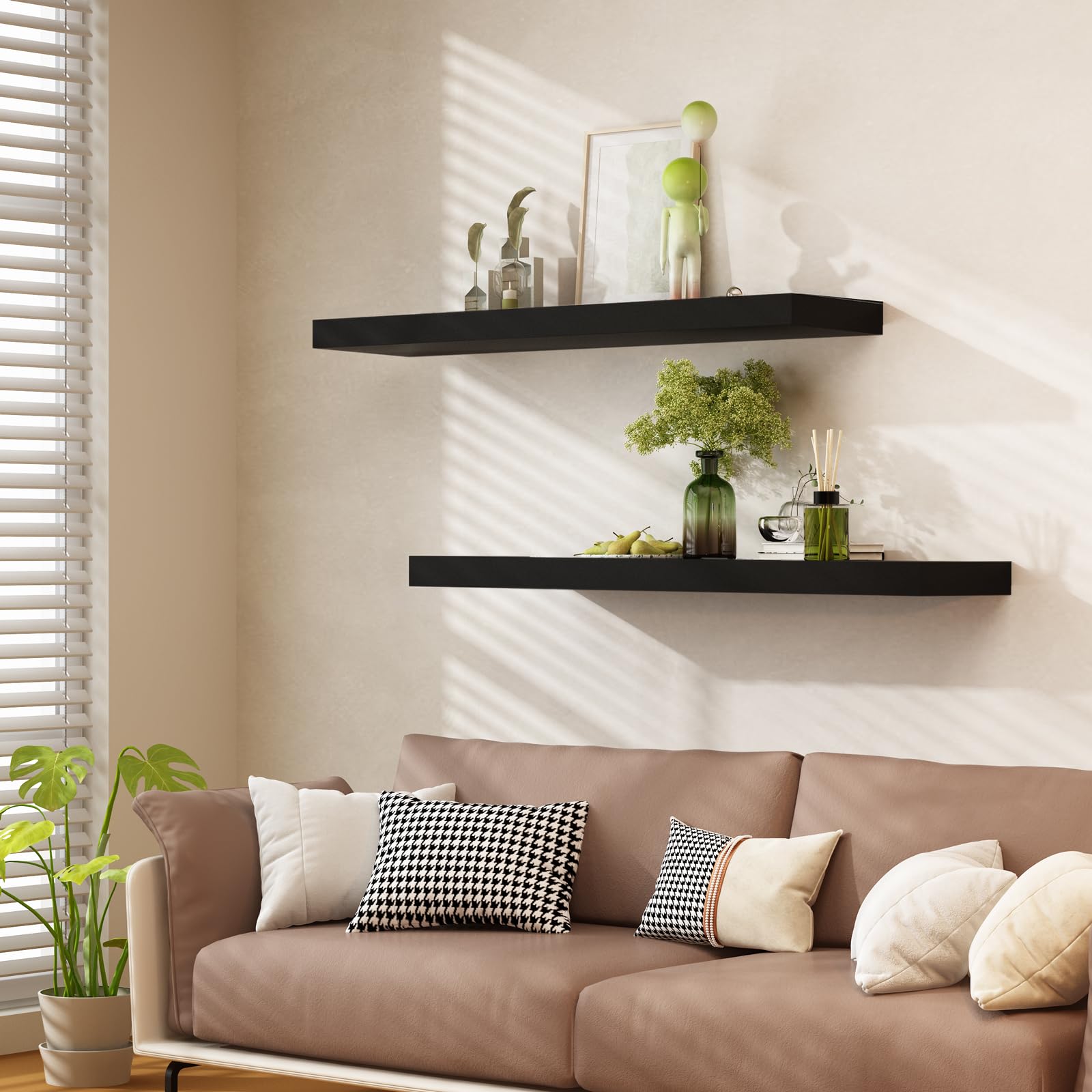 WELLAND 12" Deep Black Floating Shelves, Floating Wall Shelf, 47.24" L x 11.81" D x 2" T, Deeper Than Others, Black