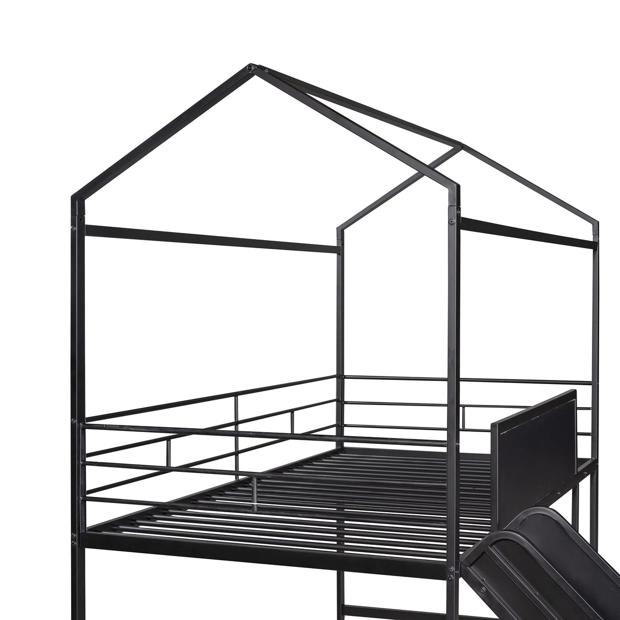 Slide and Chalkboard, Low Loft Bed Twin Size, Metal House Bed with Guardrail and Ladder, Metal Twin Size Loft Bed for Kids Teens Girls Boys (Twin, Black)