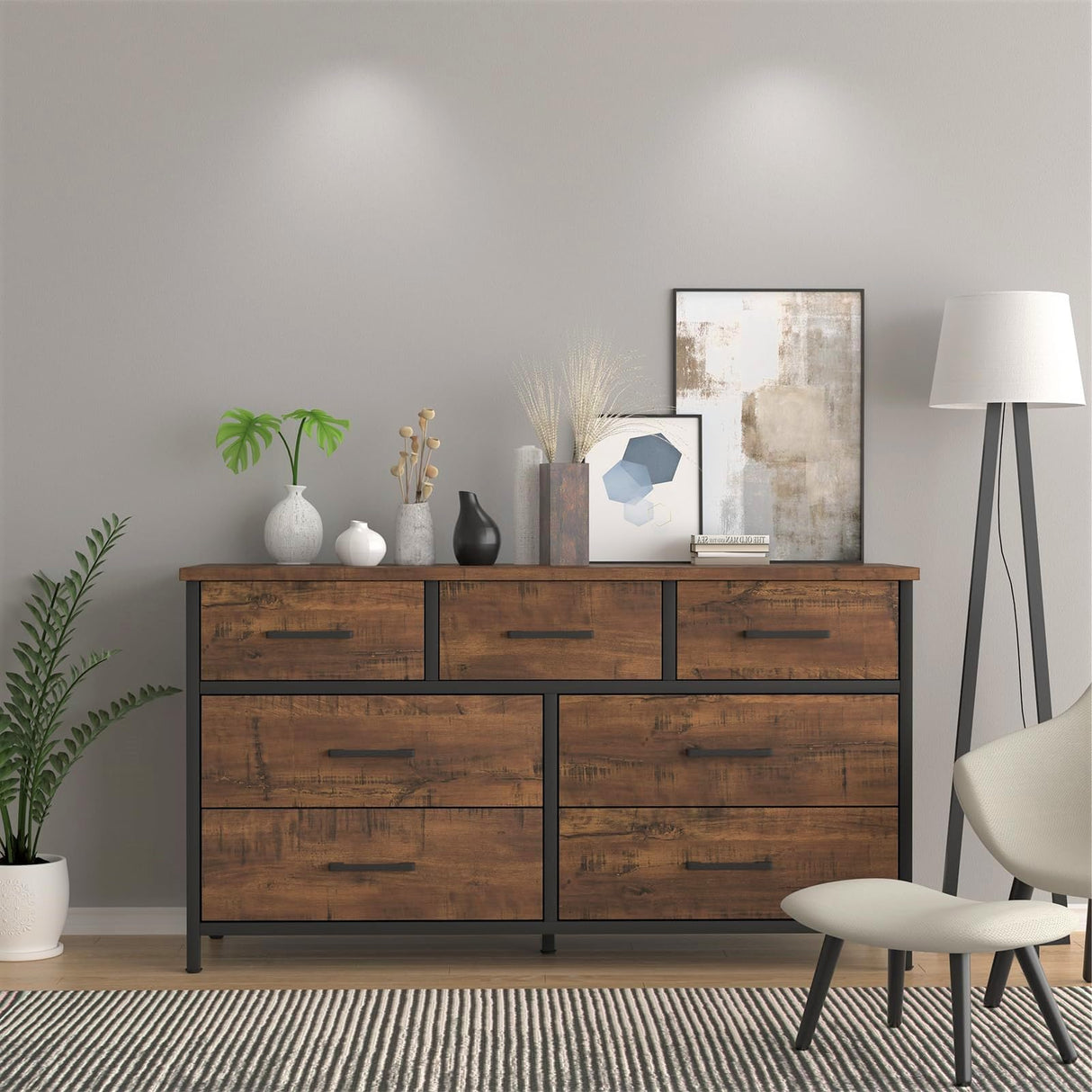 7 Drawer Dresser for Bedroom, Industrial Wood Storage Dressers & Chests of Drawers with Sturdy Steel Frame, Storage Organizer for Bedroom Office Wood, Walnut