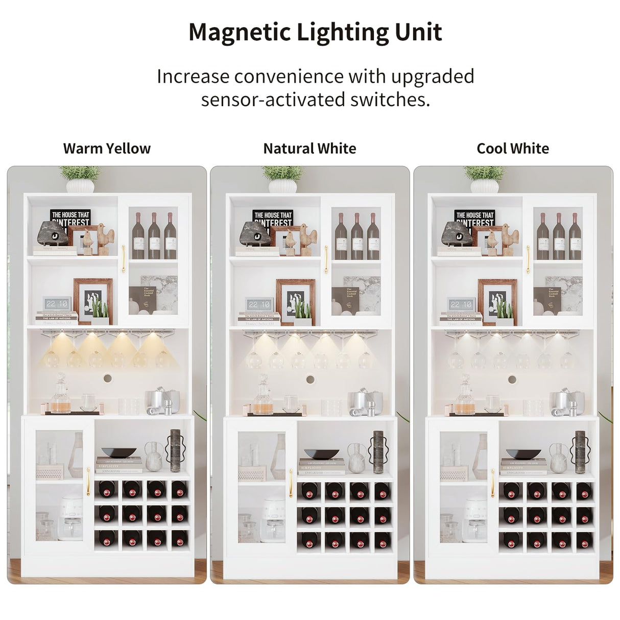 Wine Bar Cabinet with LED Light and Wine Glass Holder, Kitchen Pantry Cabinet