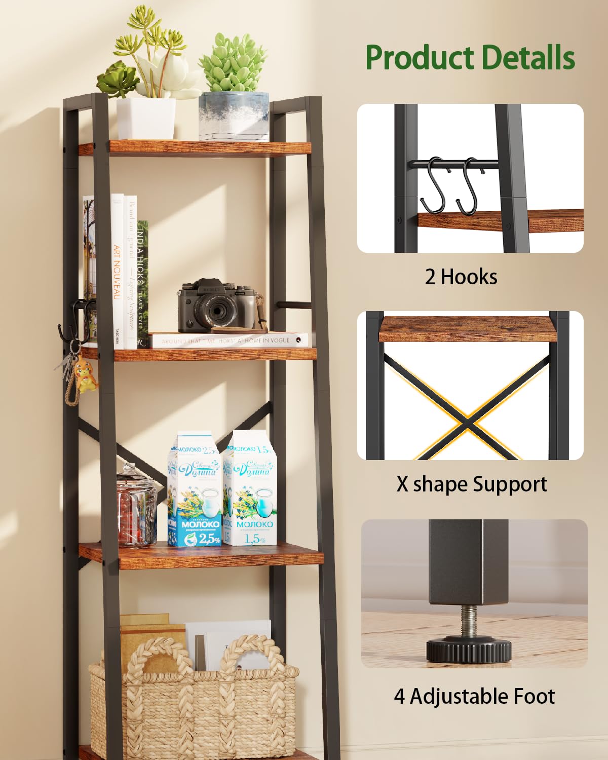 4 Tier Ladder Shelf,Narrow Bookshelf with 2 Hooks,Industrial Bookcase with Open Storage Shelves,Display Freestanding Shelf Units for Living Room,Bedroom,Kitchen,Bathroom,Rustic Brown