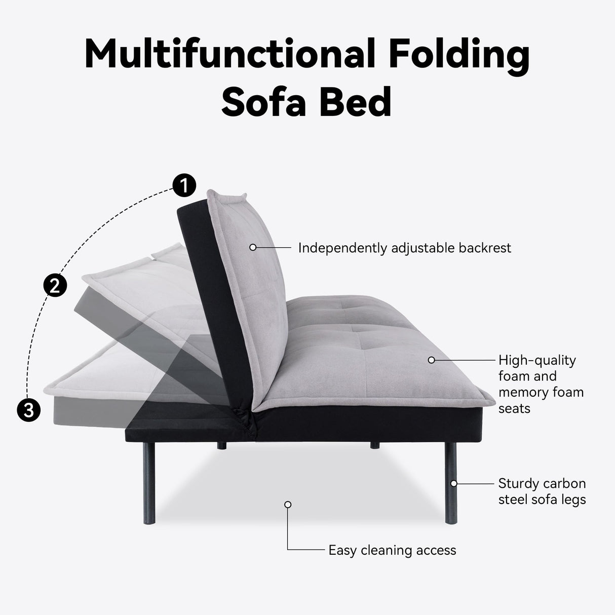 Opoiar Futon Sofa Bed,Memory Foam Couch Bed,Comfortable Grey Fabric Loveseat Sleeper Sofa for Dorm Apartment Office College Small Space Bedroom RV Living Room