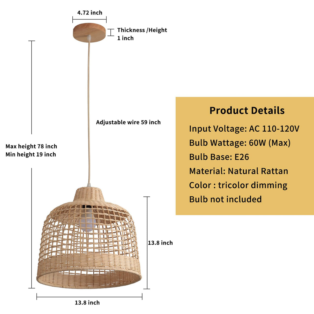 Rattan Pendant Lights, Hand-Woven Wicker Light Fixture for Kitchen Island,