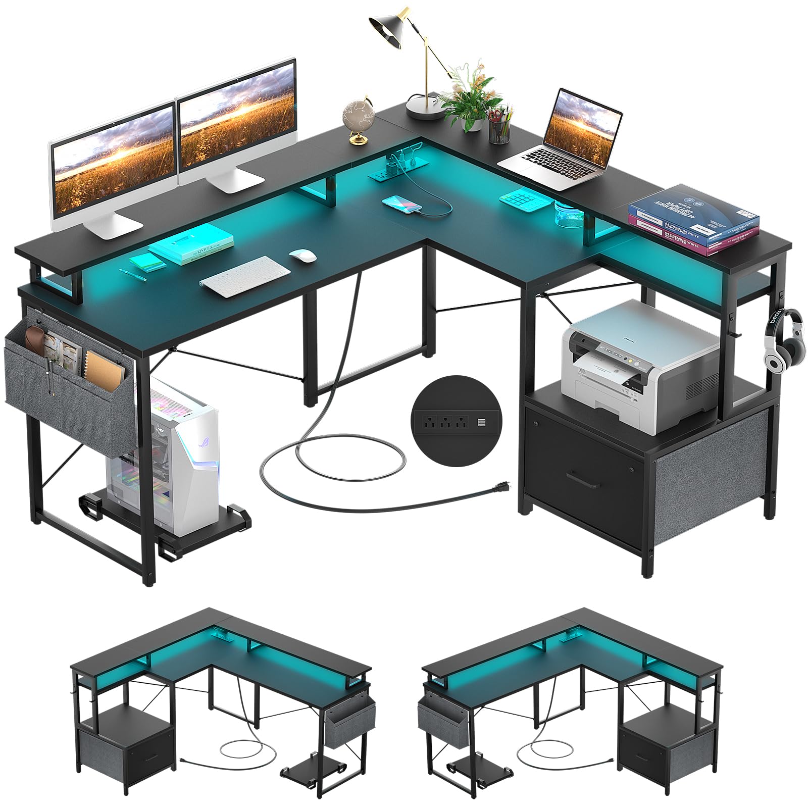 L Shaped Desk with Power Outlet and LED Strip, Reversible L Shaped Computer Desk