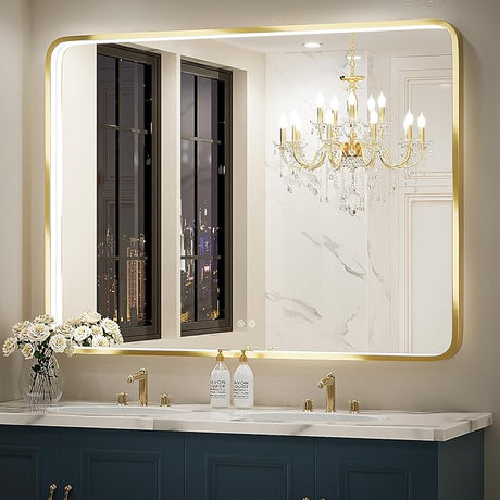 36x24 Inch LED Bathroom Mirror with Lights, Black Metal Frame Mirror