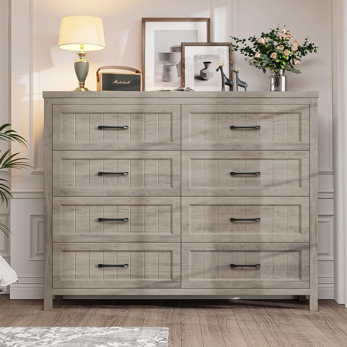 Farmhouse Dresser 8 Drawer Dresser for Bedroom, Large Wooden Dressers Double Grey Dresser with Deep Drawers Dressers for Living Room, Hallway, Entryway (Gray)