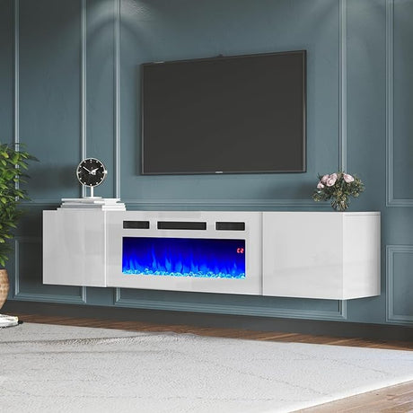 Floating Fireplace TV Stand, Wall Mounted Mirrored Entertainment Center