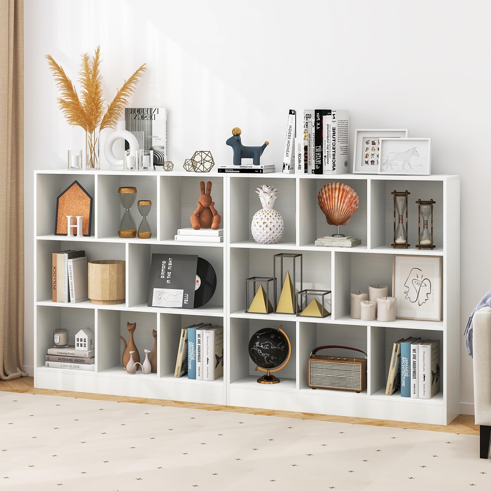 8-Cube Bookshelf, 39.5”L Floor Bookcase with 2 Anti-Tipping Kits, Freestanding Storage Organizer, 4-Tier Display Shelf for Home, Office & Dorms, Natural/White (White, 8-Cube)