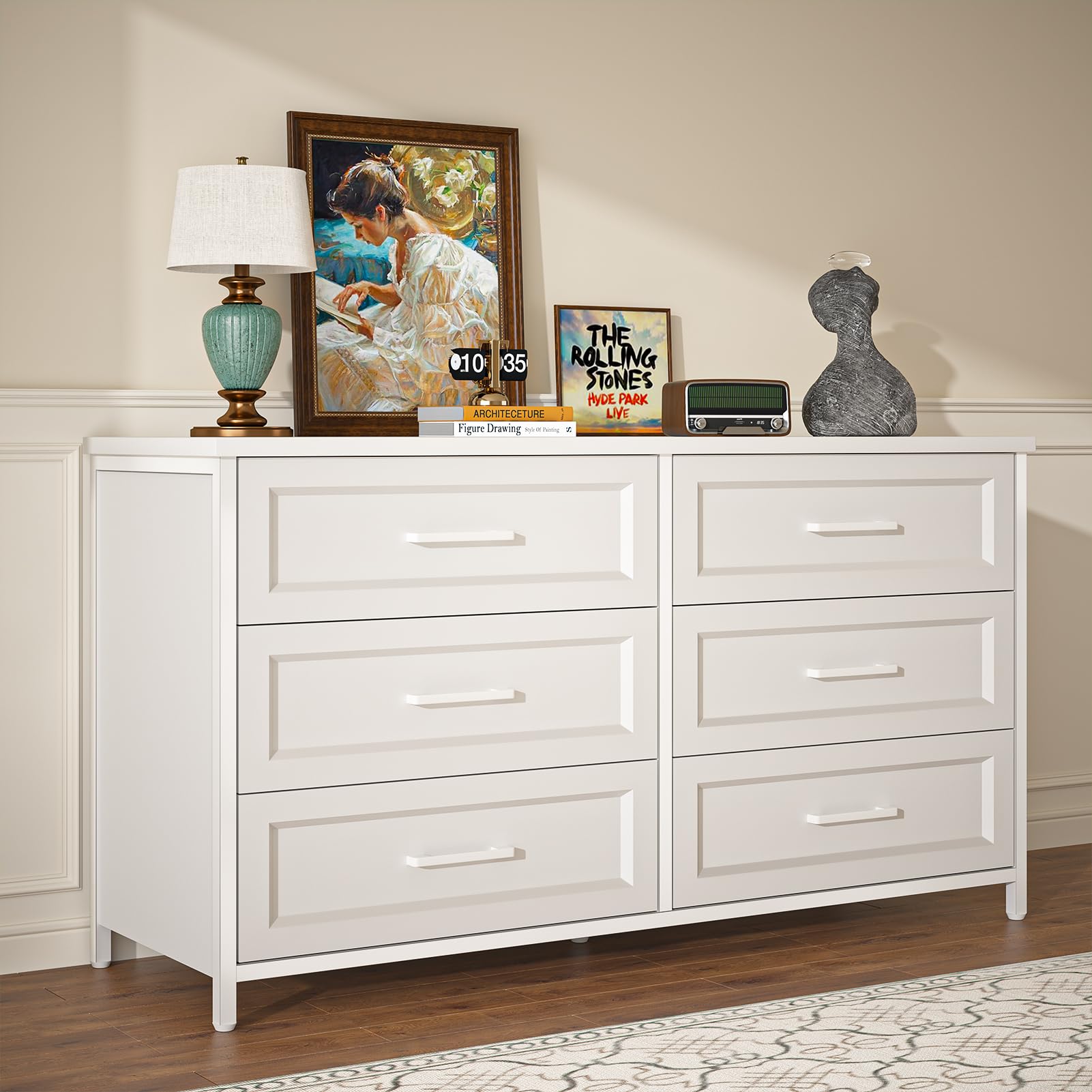 6 Drawer Double Dresser for Bedroom, Wood Storage Dresser Clothes Organizer