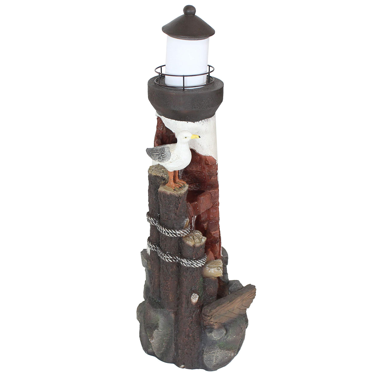Sunnydaze 36-Inch Gull's Cove Outdoor Lighthouse Water Fountain with LED Light - Polyresin Decorative Water Feature