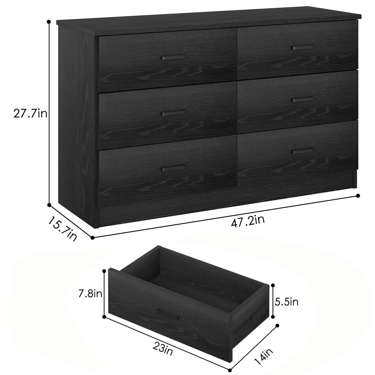 Wood Dresser for Bedroom, 6 Drawer Double Dresser with Metal Handles