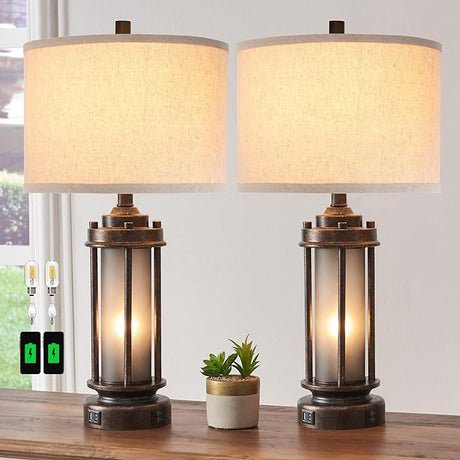 Set of 2 Rustic Table Lamps for Living Room, Farmhouse Vintage Nightstand Lamp with 2