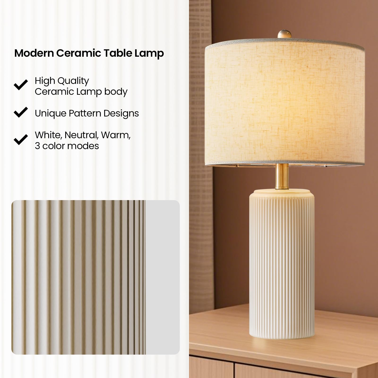 23" Ceramic Table Lamp Set of 2 - 3-Level Dimmable Farmhouse Bedside Lamps