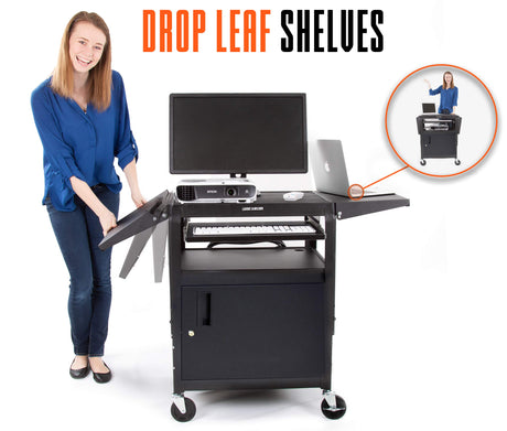 Line Leader Rolling AV Cart with Locking Cabinet, Laptop Stand, and Drop Leaves,