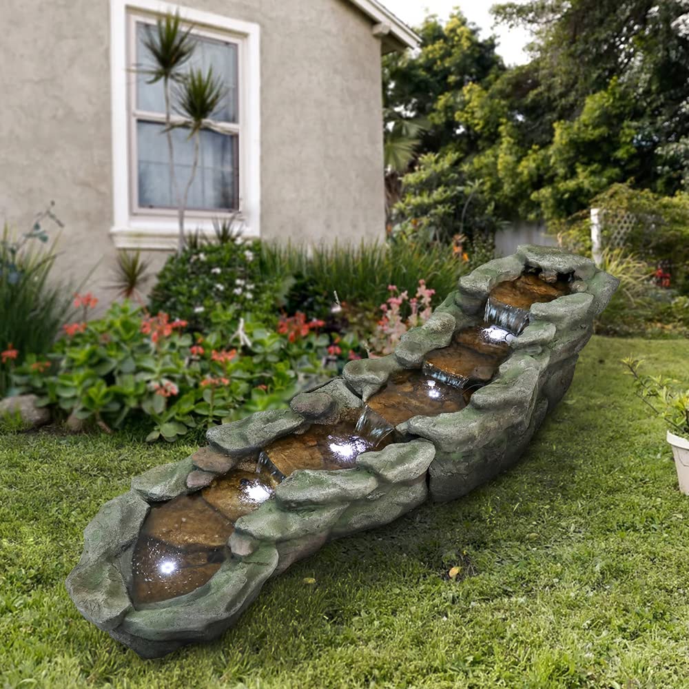 Outdoor Rock Water Fountain with LED Lights, 83.4" L x 22" W x 20" H River Stream Waterfall Feature for Home Garden