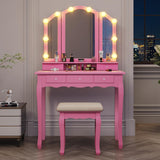 Tri-Fold Mirror and Lights, Makeup Vanity with Wood Upholstered Stool, Vanity Table